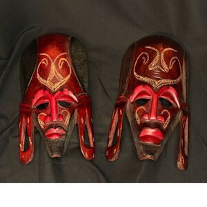 Pair Hand Carved Jambo Tanzania Wood Masks 9"
